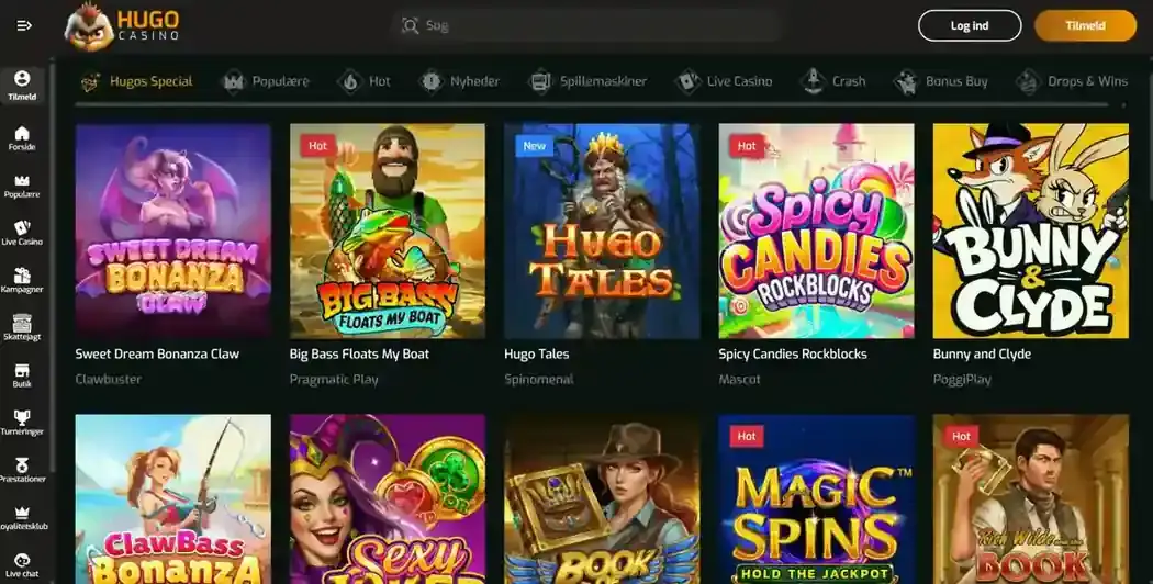 Hugo Casino spillobby med Sweet Dream Bonanza, Big Bass, Hugo Tales og andre Pragmatic Play slots
