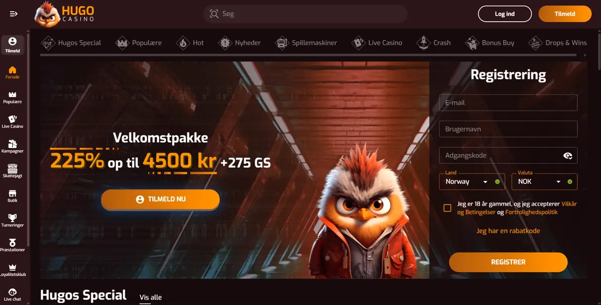 Hugo Casino velkomstpakke 225% op til 4500 kr + 275 freespins