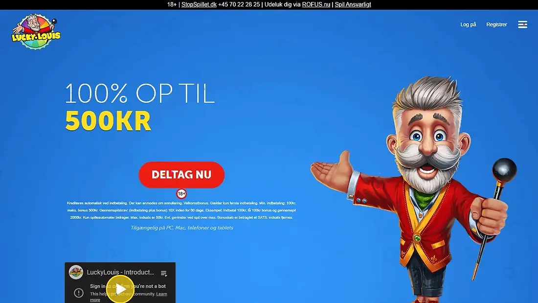 LuckyLouis Casino forside med velkomstbonus og populære spilleautomater